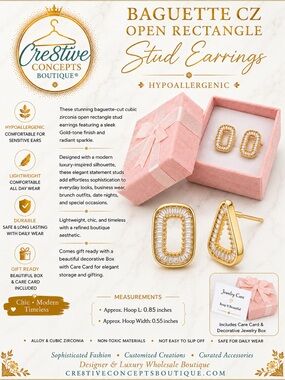 Baguette CZ Open Rectangle Stud Earrings | Gold Luxe Hypoallergenic Earrings